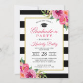 明るい赤紫色パープルレッドフローラストライプズ卒業パーティー 招待状 (正面)