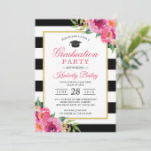 明るい赤紫色パープルレッドフローラストライプズ卒業パーティー 招待状 (スタンド正面)