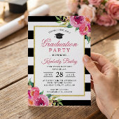 明るい赤紫色パープルレッドフローラストライプズ卒業パーティー 招待状