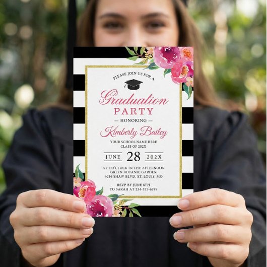 明るい赤紫色パープルレッドフローラストライプズ卒業パーティー 招待状