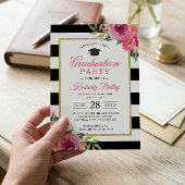 明るい赤紫色パープルレッドフローラストライプズ卒業パーティー 招待状