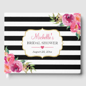 明るい赤紫色パープルレッドフローラストライプブライダルシャワー ゲストブック (正面)