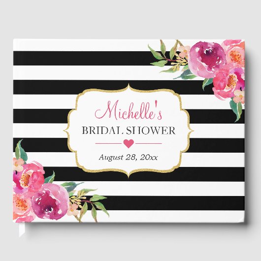 明るい赤紫色パープルレッドフローラストライプブライダルシャワー ゲストブック (正面)