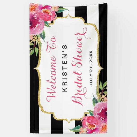 明るい赤紫色パープルレッドフローラストライプブライダルシャワー 横断幕 (縦)