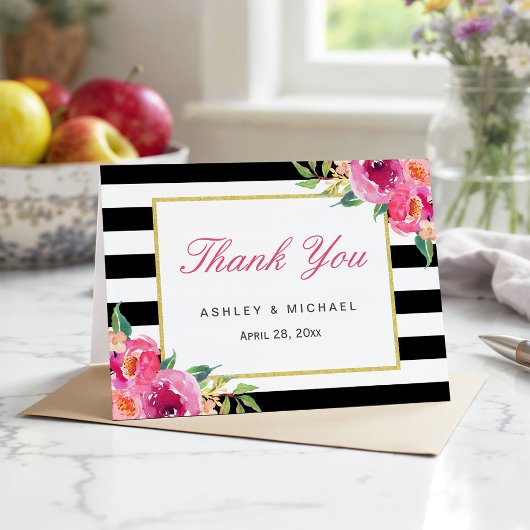 明るい赤紫色パープルレッドフローラブラックストライプサンキュー サンキューカード