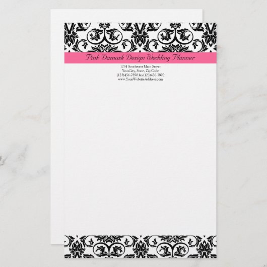 明るい赤紫色ビクトリアンピンクとホワイトダマスク 便箋 (正面/裏面)