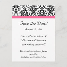 明るい赤紫色ビクトリアンピンクホワイトダマスク日付を保存 案内ポストカード