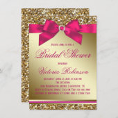 明るい赤紫色ピンクと金ゴールドブライダルシャワー 招待状 (正面/裏面)