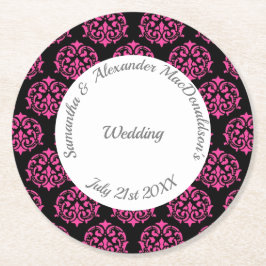 明るい赤紫色ピンクと黒のダマスクの結婚式 ラウンドペーパーコースター