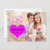 明るい赤紫色ピンクのハート写真の日付を保存 案内ポストカード (正面/裏面)