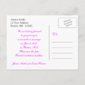 明るい赤紫色ピンクのハート写真の日付を保存 案内ポストカード (裏面)