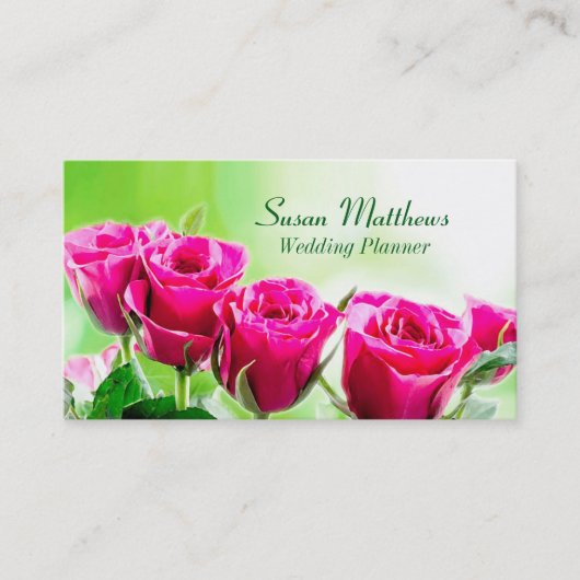 明るい赤紫色ピンクのバラを薄い緑の背景に 名刺 (正面)