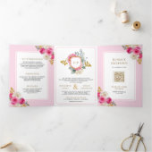 明るい赤紫色ピンクのフローラバラすべて結婚の1つ 三つ折り招待状 (内部)