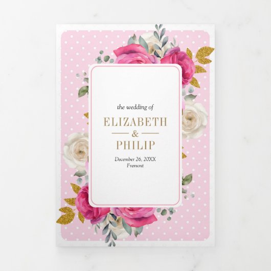 明るい赤紫色ピンクのフローラバラすべて結婚の1つ 三つ折り招待状 (カバー)