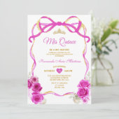 明るい赤紫色ピンクのフローラボウリボン金ゴールドミカンス 招待状 (スタンド正面)