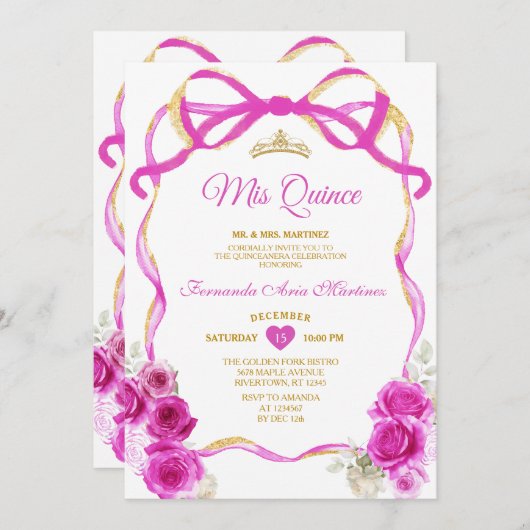 明るい赤紫色ピンクのフローラボウリボン金ゴールドミカンス 招待状 (正面/裏面)