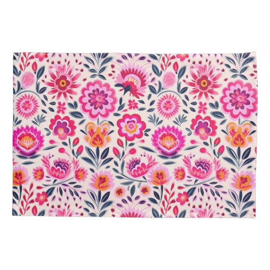 明るい赤紫色ピンクのメキシコの花のパターンフローラ 枕カバー (裏面)