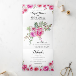 明るい赤紫色ピンクの水色の花結婚の 三つ折り招待状