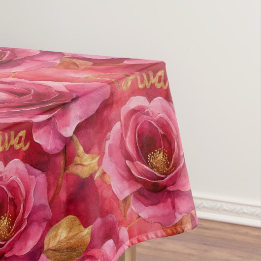 明るい赤紫色ピンクウォーターカラーバラと金ゴールドDiva テーブルクロス (インサイチュ)