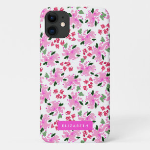 明るい赤紫色ピンクウォーターカラーフローラガーデンパーソナライズされた iPhone 11 ケース