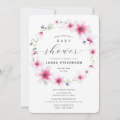 明るい赤紫色ピンクウォーターカラーフローラリースベビーシャワー 招待状 (正面)