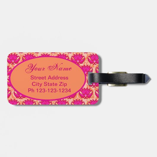 明るい赤紫色ピンクオレンジアールヌーボーダマスクモノグラム ラゲッジタグ (裏面横)