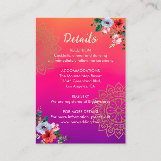 明るい赤紫色ピンクオレンジパープルブライトとはっきりしたフローラ エンクロージャーカード (正面)