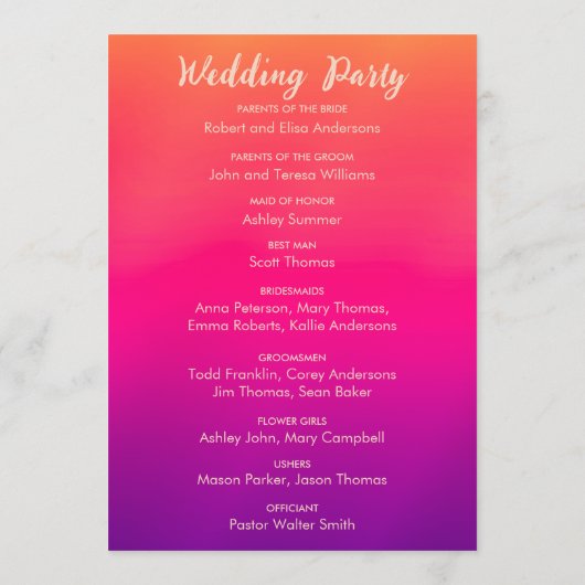 明るい赤紫色ピンクオレンジパープルブライトとはっきりしたフローラ プログラム (裏面)