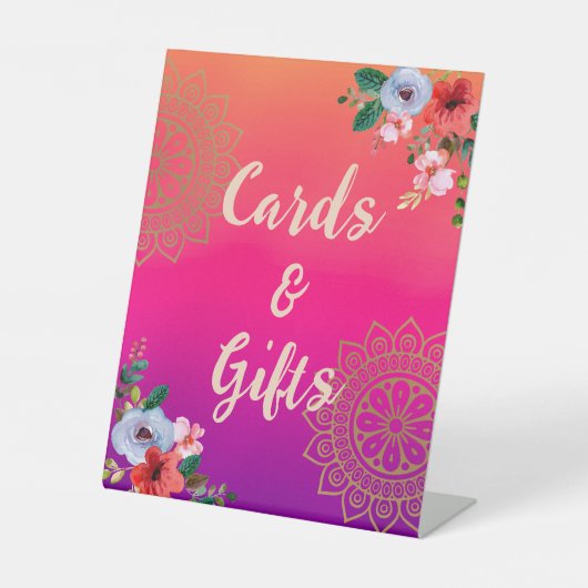 明るい赤紫色ピンクオレンジパープルブライトとはっきりしたフローラ 台座サイン (正面)