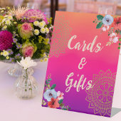 明るい赤紫色ピンクオレンジパープルブライトとはっきりしたフローラ 台座サイン