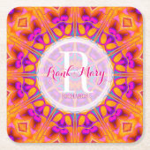明るい赤紫色ピンクオレンジモノグラム紙コースター スクエアペーパーコースター (正面)