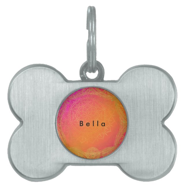 明るい赤紫色ピンクオレンジ&金ゴールドインディアンマンダラグラム ペットネームタグ (正面)