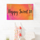 明るい赤紫色ピンクオレンジ&金ゴールドインディアンマンダラパーティー 横断幕 (インサイチュ)