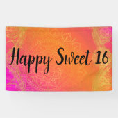 明るい赤紫色ピンクオレンジ&金ゴールドインディアンマンダラパーティー 横断幕 (横)