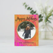 明るい赤紫色ピンクオレンジ&金ゴールドマンダラホリデーフォト シーズンポストカード (スタンド正面)