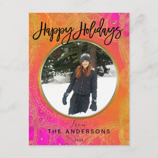 明るい赤紫色ピンクオレンジ&金ゴールドマンダラホリデーフォト シーズンポストカード (正面)