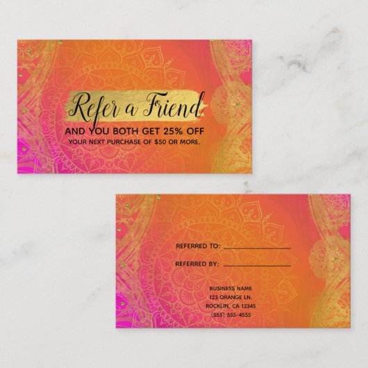 明るい赤紫色ピンクオレンジ&金ゴールドマンダラ友人を参照 紹介カード (正面/裏面)