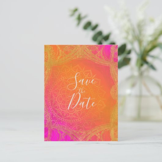 明るい赤紫色ピンクオレンジ&金ゴールドマンダラ日付を保存 案内ポストカード (スタンド正面)