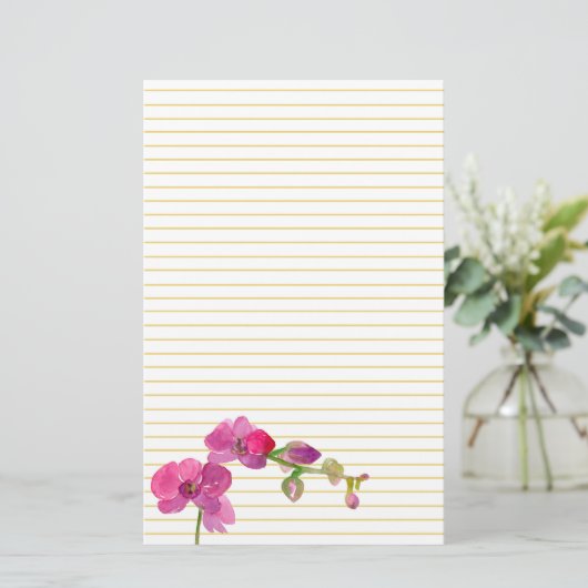 明るい赤紫色ピンクオーキッドフラワーイエローライニング 便箋 (スタンド正面)