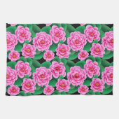 明るい赤紫色ピンクカメリアスジェイドグリーン離れズ キッチンタオル (横)