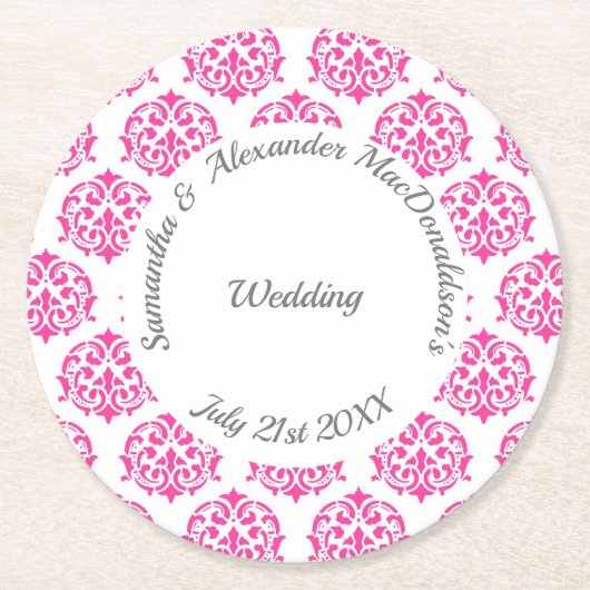 明るい赤紫色ピンクダマスク結婚式 ラウンドペーパーコースター (正面)