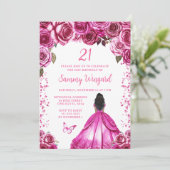 明るい赤紫色ピンクダークスキンプリンセス誕生日パーティー 招待状 (スタンド正面)