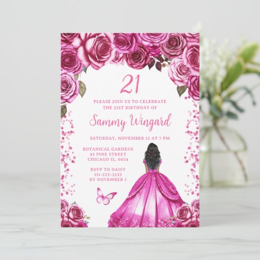 明るい赤紫色ピンクダークスキンプリンセス誕生日パーティー 招待状 (スタンド正面)