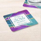 明るい赤紫色ピンクティール(緑がかった色)金ゴールド誕生日パーティー スクエアペーパーコースター (アングル)