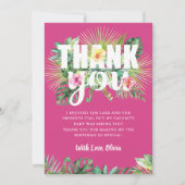 明るい赤紫色ピンクトロピカルグリーンフローラ誕生日 サンキューカード (正面)