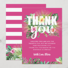 明るい赤紫色ピンクトロピカルグリーンフローラ誕生日 サンキューカード