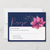 明るい赤紫色ピンクネイビーブルーウェディングRSVP 招待状 (正面)