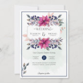 明るい赤紫色ピンクネイビーブルーフローラシック結婚 招待状 (正面)