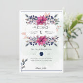 明るい赤紫色ピンクネイビーブルーフローラシック結婚 招待状 (スタンド正面)