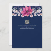 明るい赤紫色ピンクネイビーブルーフローラシック結婚 招待状 (裏面)